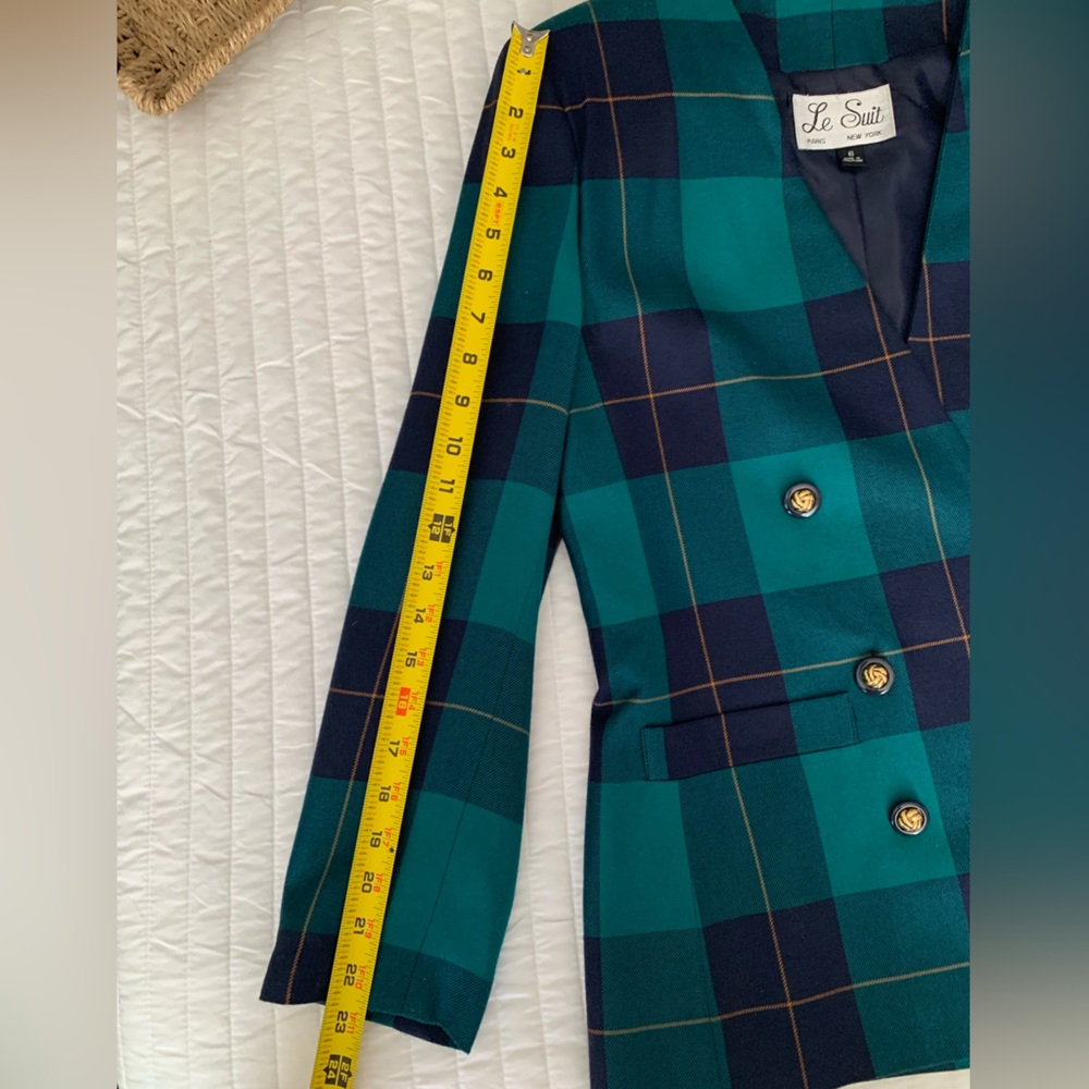 Vintage Le Suit Set Blazer Jacket Skirt 2 PC 80s Green Navy Plaid Women’s Size 6 - Picture 14 of 16